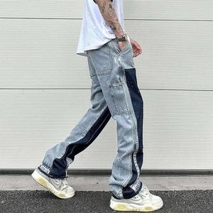 Men s jeans streetwear gespikkelde inkt kleur match y2k baggy voor mannen patchwork woede franje micro denim broek oversized losse larros winter01 939