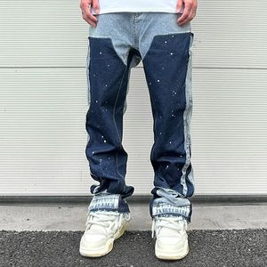 Men S jeans streetwear mouchetée de couleur d'encre monte y2k baggy pour hommes patchwork rage frange micro-denim pantalon oversize cargos lâche 230906