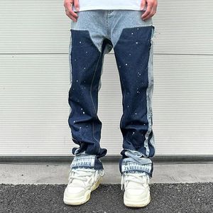 Jeans para hombres Streetwear Moteado Tinta Color Match Y2K Baggy para hombres Patchwork Rage Fringe Micro Denim Pantalones Oversize Cargos sueltos