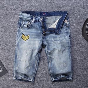 Jeans para hombres Streetwear Summer Ly Moda Hombres Retro Luz Azul Parches Diseñador Ripped Denim Shorts Hip Hop Punk Short