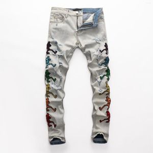 Jean homme Streetwear tendance crâne broderie des deux côtés pantalon en jean Hip Hop mode pantalon fuselé blanc