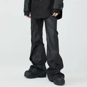 Jeans para hombres Streetwear Pierna ancha Cera PU Botas de cuero Corte Color negro Baggy Casual Acampanado Pantalones rectos de carga de gran tamaño