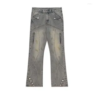 Jeans pour hommes Streetwear Fermetures à glissière Bouton Design Lavé Mode Casual Droit Vintage Pantalon en denim usé