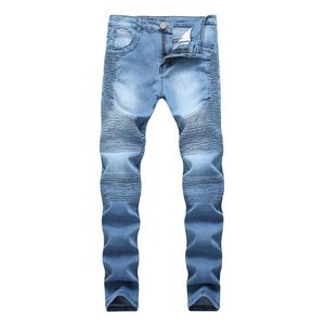 Herenjeans strekken vrachtwagen denim zwarte motorrijder mannen vrouwen met geplooide magere broek hi-q klassieke broek269v