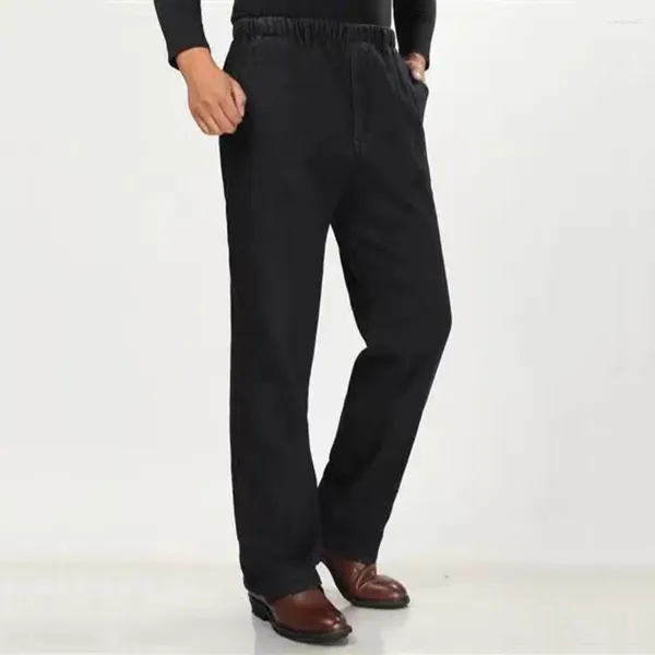 Jeans para hombres Tela elástica Hombres de mediana edad Padre Slim Fit Cintura elástica con bolsillos altos Diseño hasta el tobillo para casual