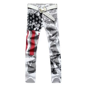 Jeans para hombres Stretch Mens American Flag Impresión Corte Hombres Casual Slim Fittness Pantalones Denim Hip Hop Pants296O