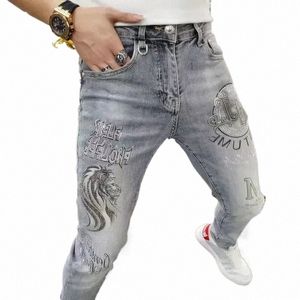 Heren Jeans Stretch Skinny Broek Elastisch Heren Cowboybroek Slim Fit Strakke Pijp Grafisch met Rijnstes Goth Y2k Streetwear Xs A16d#