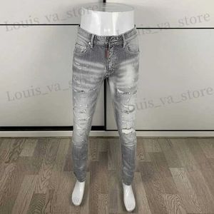 Heren jeans strt mode heren jeans hoogwaardige retro grijze stretch skinny fit gescheurde jeans heren gepatchte ontwerper hiphop merkbroek HOMBRE T240409