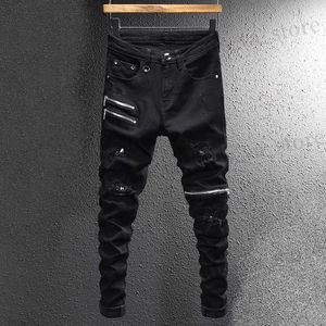 Jeans masculin Strtwear Fashion Men Jeans Black Elastic Slim Fit Détruit jeans Ripped Jeans Men Zipper Designer Hip Hop Stretch Denim Pant Pantalon T240409