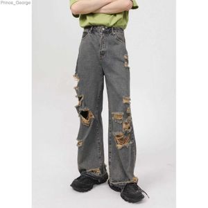 Jeans pour hommes STUDIOS 2024 été nouvelle édition coréenne personnalisé baril droit trou cassé mendiant jeans décontractés hommes pour hommes streetwearL2403