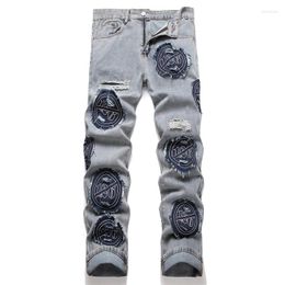 Jeans pour hommes style punk bleu ruban déchiré sans élastique lâche taille moyenne jambe droite mode de rue