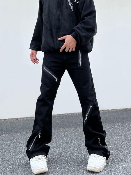 Jeans pour hommes Style rétro rue fermeture à glissière conception hommes pur noir lâche droite pantalon évasé taille haute jambe large