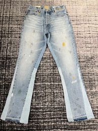 Jeans pour hommes Style Super Cool rétro fait vieux cousu à la main déconstruit Patchwork Micro évasé coton Denim pantalon