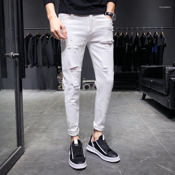 Hommes Jeans Style Blanc Slim Fit Déchiré Mode Stretch Casual Maigre Hommes Crayon Pantalon Coton Denim Pantalon Mâle