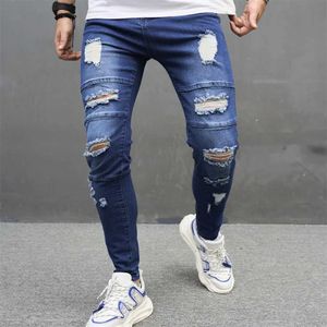 Heren jeans stijlvolle mannen splitsen van noodlijdende blauwe skinny biker jeans broek hiphop strt mannelijke stretch holes katoen denim broek y240507