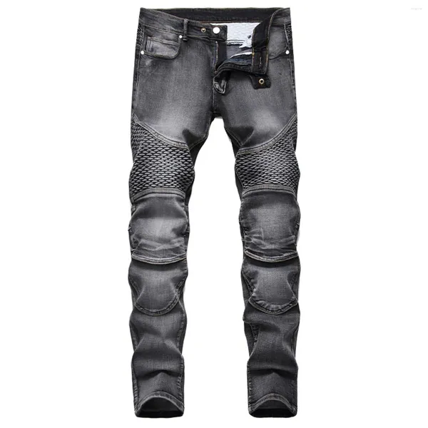 Jeans para hombres Pantalones de mezclilla para hombre con estilo Vintage Pliegues Lavado Trabajo Patchwork Cremallera Pantalones básicos Ropa