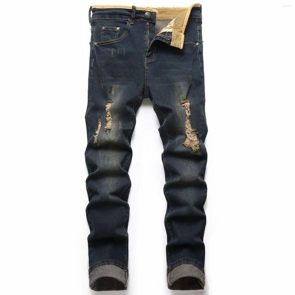 Jeans pour hommes élégant jambe droite rue personnalité stretch blanc rétro tendance petite maison mousse extérieure grand