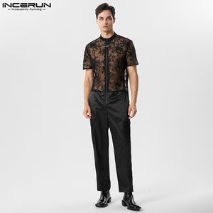 Herenjeans Stijlvol Goed passend Mannen Verkoop Jumpsuit INCERUN Kant Mesh Seethrough Rompertjes Sexy Patchwork Satijn Korte Mouwen Bodysuit 230628