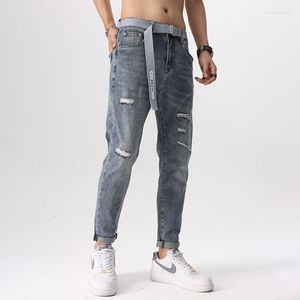 Heren Jeans Zomer Enkellange Voor Heren Kleding Gewassen Verontruste Denim Broek Oprollen Eenvoudige Vrijetijdskleding Mode Gaten Broek