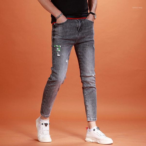 Jeans para hombres Verano Tobillo Longitud Hombres Moda Impreso Pantalones de mezclilla rasgados Streetwear Casual Gris Slim Fit Lápiz Pantalones