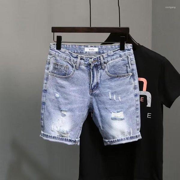 Jeans pour hommes été bleu Denim Shorts marque poches pourries mode coréenne mince droite jambe large mendiant