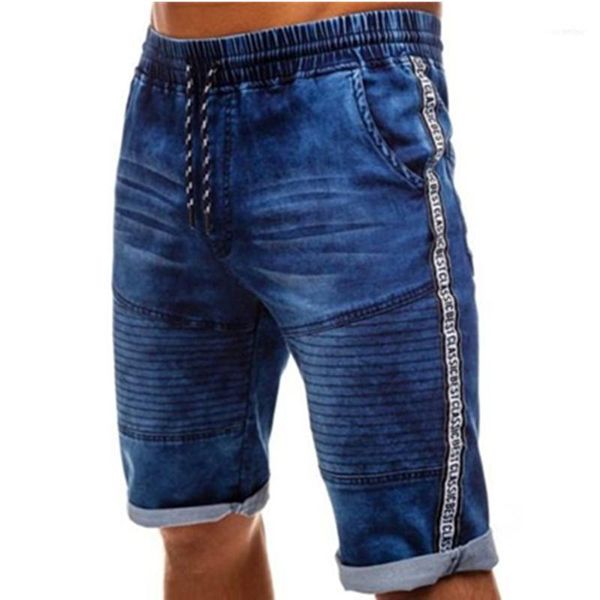 Pantalones vaqueros de verano para hombre, pantalones cortos de mezclilla Cargo, pantalones cortos de motociclista para hombre, pantalones cortos de lavado azul con cordón en la cintura elástica1