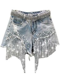 Mannen Jeans Zomer Elegante Shorts Dame Kwastje Kralen Hoge Taille Wijde Pijpen Denim Vrouwelijke Toevallige Effen voor Vrouwen Kleding 230807