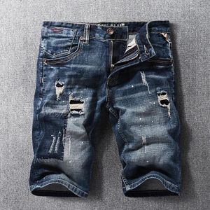 Jeans pour hommes Summer Fashion Designer Hommes Rétro Noir Bleu Élastique Broderie Ripped Court Homme Vintage Casual Denim Shorts