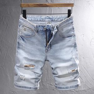 Jeans pour hommes Summer Fashion Designer Court Hommes Rétro Light Blue Stretch Slim Fit Ripped Patch Vintage Casual Denim Shorts