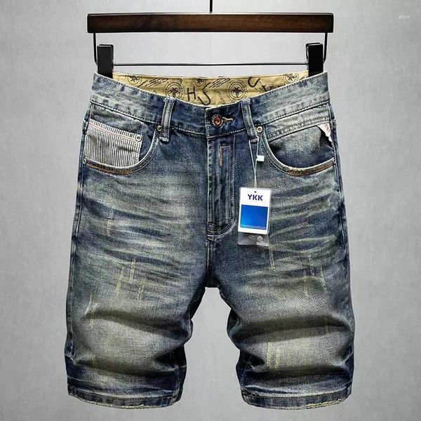 Jeans pour hommes Mode d'été Hommes Rétro Bleu Lavé Élastique Slim Fit Ripped Court Haute Qualité Vintage Designer Denim Shorts