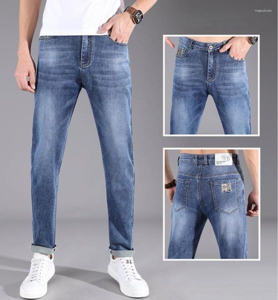 Jeans pour hommes Mode d'été Tendance nationale Pantalon de jeunesse bleu mince stretch