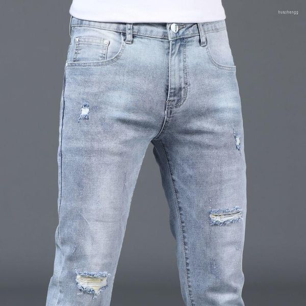 Jeans pour hommes été à la mode de style coréen concepteur extensible déchiré trou bleu Denim élégant Slim-fit mince petit ami pour les hommes