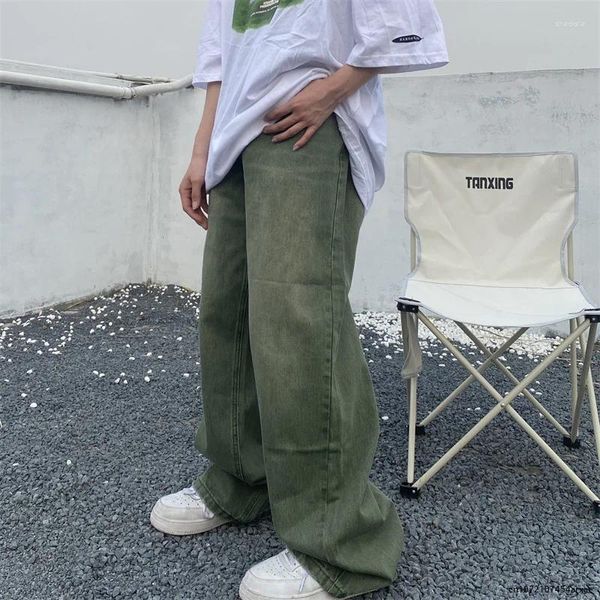 Pantalones Vaqueros Para Hombre Pantalones De Mezclilla Vintage Desgastados Holgados Verdes De Verano Pantalones De Pierna Ancha para Hombre Ropa De Calle Retro De Gran Tamaño Casual Hip Hop