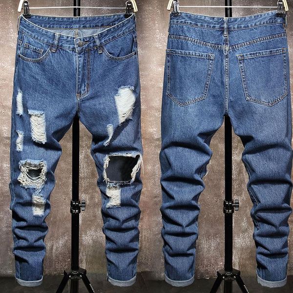 Jeans pour hommes trou d'été produits en ruine personnalité Denim longue conception simple déchirée