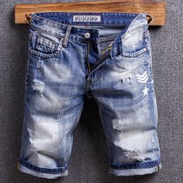 Mannen Jeans Zomer Italiaanse Stijl Mode Mannen Retro Blauw Top Kwaliteit Ripped Denim Shorts Gedrukt Designer Hip Hop Korte Homme1