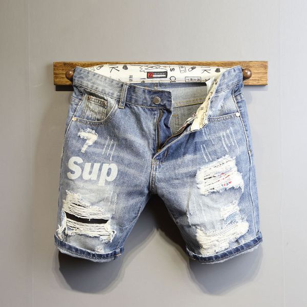 Jeans pour hommes Été Bleu clair Ripped Cat Moustache Patch Lettre Imprimer Slim Denim Shorts Adolescents Garçons et filles Cowboy Pantalon court 230711 70