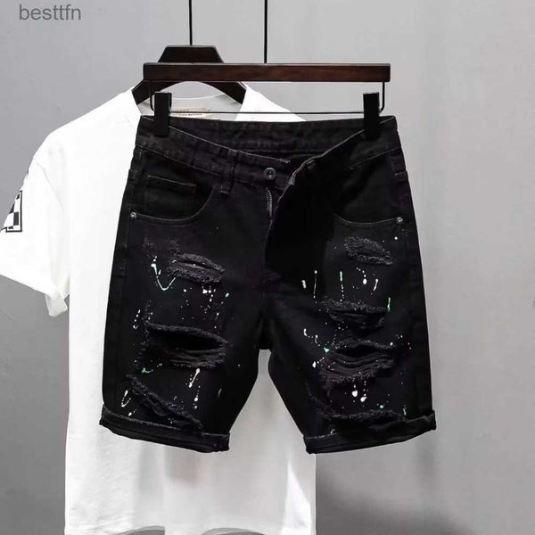 Jeans pour hommes Été luxe Kpop hommes Y2K Streetwear déchiré jean à la mode pointillé encre concepteur en détresse décontracté petit ami noir Denim ShortsL231208