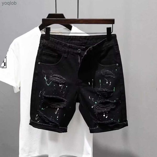 Jeans masculin Summer Luxury Kpop Mens Y2K Street Wear Jeans Tendage Dot Ink Designer en détresse Casual Boyfriend Black Denim ShortSl2404