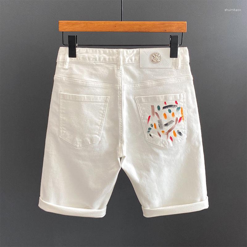 Jeans masculinos Summer Luxurno shorts de jeans brancos magro de moda versátil elástica impressão curta calças curtas