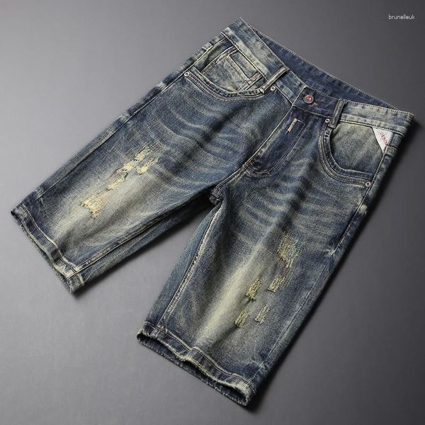 Jeans para hombres Verano Ly Moda Hombres Retro Lavado Bordado Parcheado Diseñador Ripped Short Homme Casual Vintage Denim Shorts