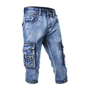 Jeans pour hommes été mâle rétro cargo denim shorts multi-poches style militaire motard pour hommes jean pantalon coton décontracté mode