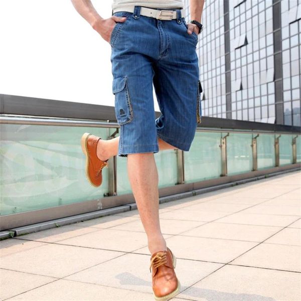 Jeans pour hommes Summer Hommes Casual Straight Genou Longueur Denim Court Mid-Taille Multi-poches Bleu léger pour 30-44