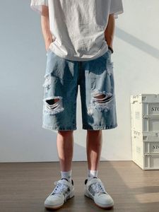 Jeans para hombres Verano Hombres Moda Agujero Rasgado Corto Streetwear Loose Fit Denim Shorts Casual Cowboy Straight Hip Hop Longitud de la rodilla