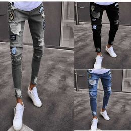 Jeans para hombres Pantalones de mezclilla rasgados con agujeros flacos de verano para hombres Hip Pop para adolescentes Pantalones vaqueros de mezclilla destruidos Pantalones de lápiz elásticos Biker Slim Fit Jeans T221102