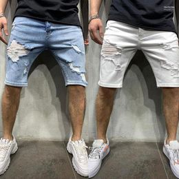 Jeans para hombres Hombres de verano Blanco Flaco Ripped Denim Shorts Moda Destruido Deshilachado Corto Casual Estiramiento Angustiado Longitud de la rodilla Naom22
