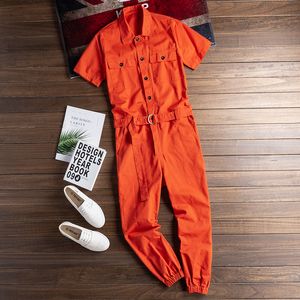 Heren Jeans Zomer Oranje ShortSleeved Jumpsuit Hip Hop Casual MultiPocket Effen Kleur Overalls Mode Broek 230628