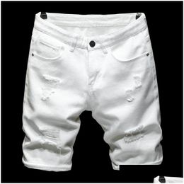 Jeans pour hommes Été Pur Blanc Noir Léger Déchiré Denim Shorts Classique Marque Vêtements Jeunes Hommes Slim Straight Casual Drop Deli Dhlfq