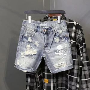 Jeans pour hommes Été Ripped Hole Mendiant Pantalon court Personnalité pour hommes Squelette Crâne Imprimé Coréen Slim Fit Cowboy Denim Shorts 231206