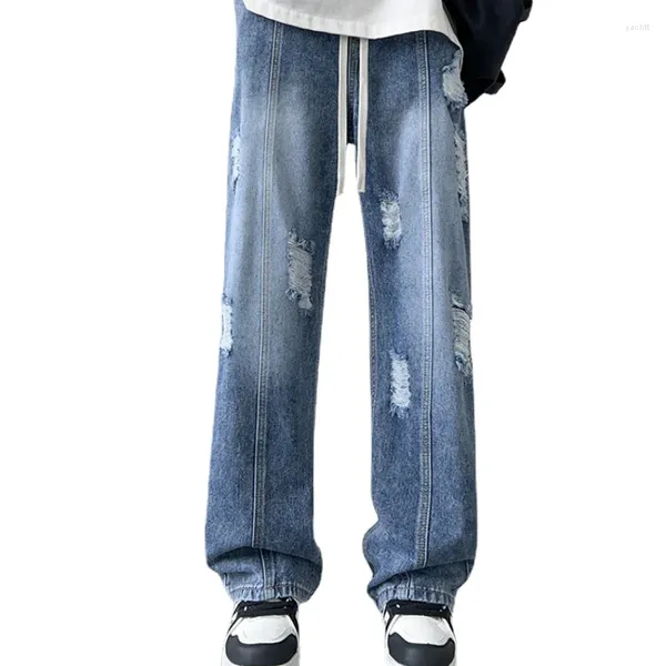 Jeans masculin d'été Summer Hommes décontractés en vrac droit de tube rétro Draw Rope Port Fashion Brand Wash Pantalon
