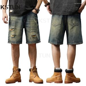 Jeans masculin Summer Short Men de jean short en vrac large jambe large hip hop en détresse creux pantalon de longueur de genou vintage